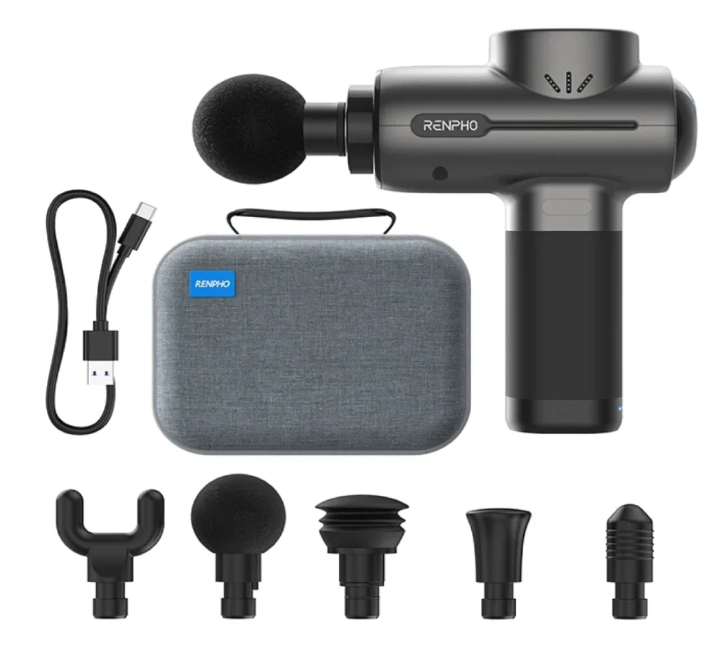 Compact Renpho massage gun with ergonomic design and five head attachments