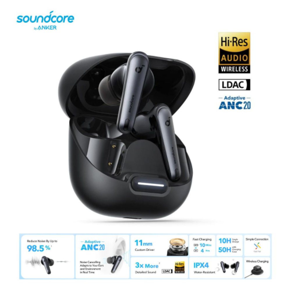 A close-up of Soundcore Liberty 4 NC wireless earbuds with charging case