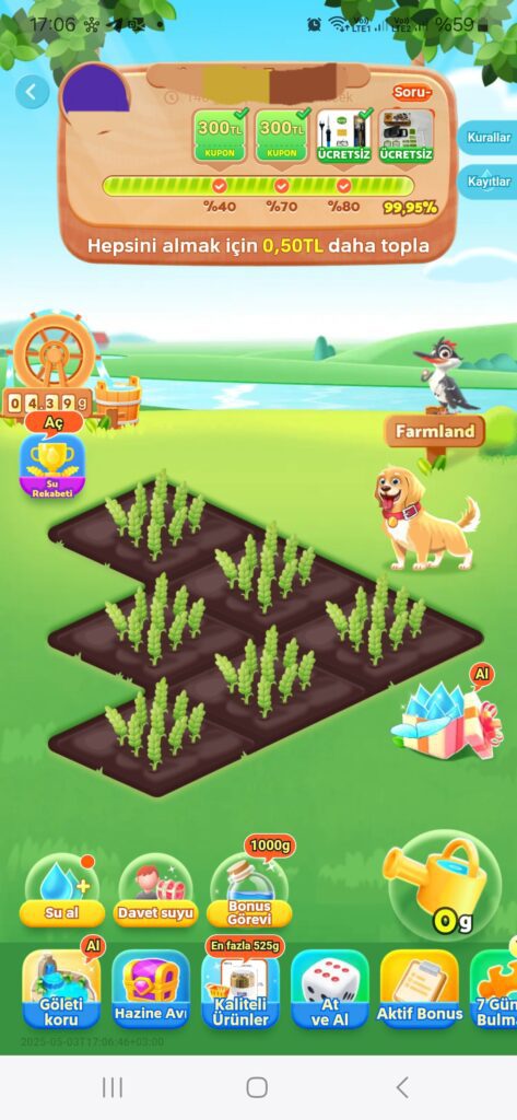The user experience of Temu Farmland, showing the slow progress and potentially misleading nature of the game.