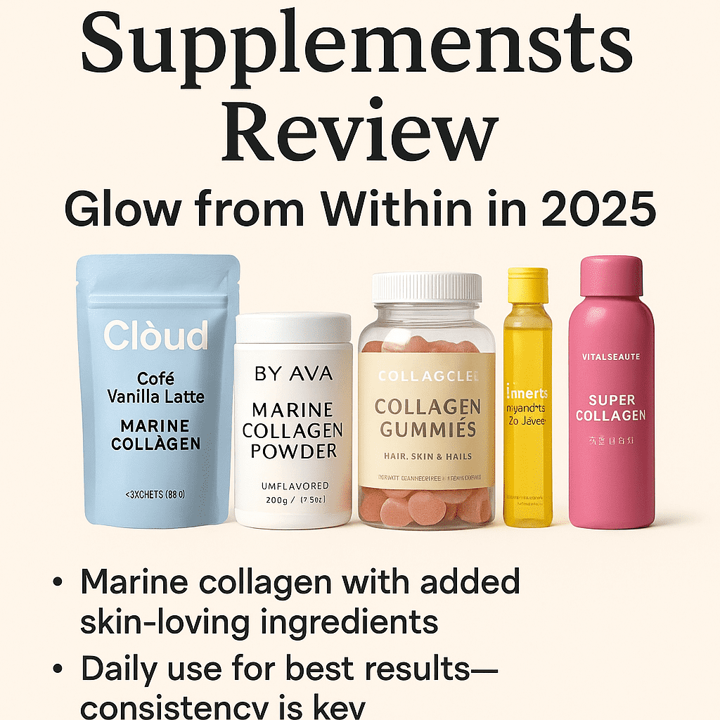A Korean collagen supplement bottle surrounded by beauty-related items on a soft pastel background
