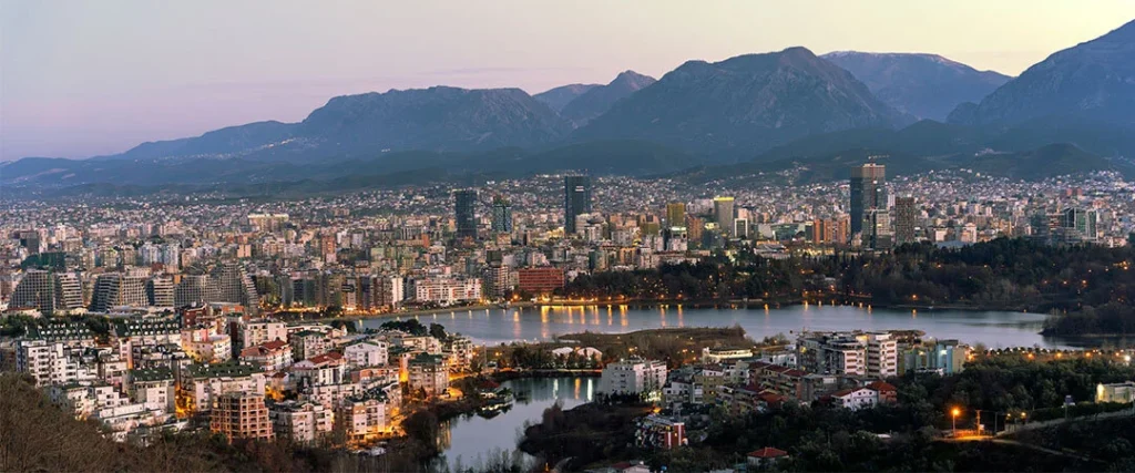 Colorful buildings and Skanderbeg Square in Tirana, Albania